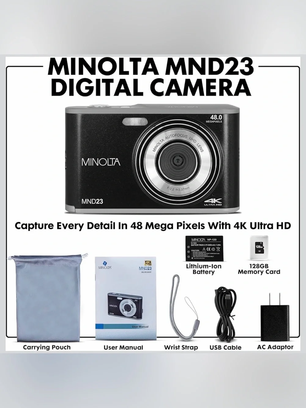 Minolta 48MP Black Compact Digital Camera with 4K UHD Video MND23